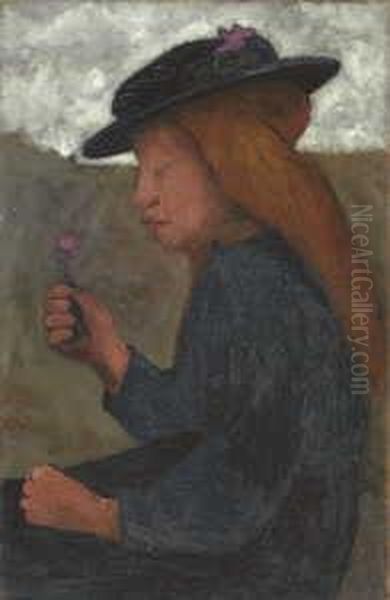 Sitzendes Madchen Mit Schwarzem Hut Und Blume In Der Rechten Hand - view 1