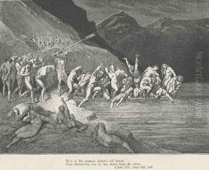 Cast themselves, one by one, down from the shore (Canto III., line 108) by Gustave Dore
