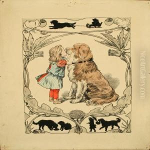 Little Girl And Dog,surrounded By Dandelions And Silhouttes