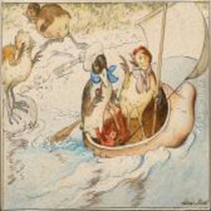 A Duck And A Chicken Sailing In A Dutch Wooden Shoe