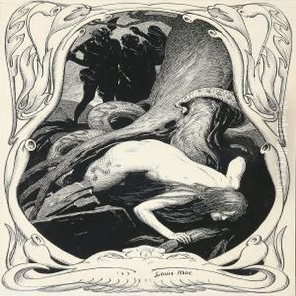 Illustration With A Woman-snake Hunted By Two Men - view 1