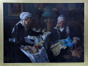 Elderly Sisters, Reading And Needleworking by Louis Charles Moeller