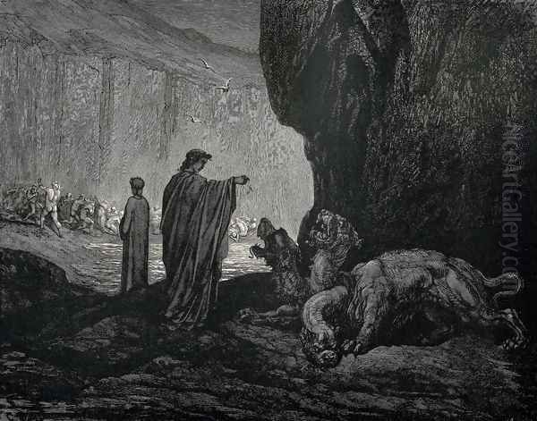 The Inferno, Canto 6, lines 24-26: Then my guide, his palms Expanding on the ground, thence filled with earth Rais'd them, and cast it in his ravenous maw. - view 1