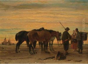 Fishermen With Their Horses On The Beach by Jozef Jodocus Moerenhout