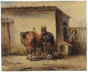 Two Horses And A Horseman By A Stable