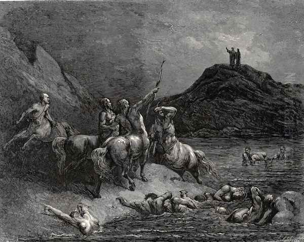 The Inferno, Canto 12, lines 38-39: One cried from far: "Say to what pain ye come Condemn'd, who down this steep have journied?" - view 1