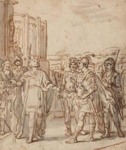 Un Roi Renverse Une Coupe De
Vin, Alors Qu'un Chef Militaire, Accompagne De Soldats, Lui Presente Un
Vase by Claes Cornelisz Moeyaert