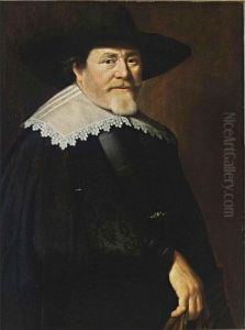 A Portrait Of A Bearded
Gentleman, Half Length, Wearing A Black Suit, A Black Hat And A White
Lace Collar, Holding Gloves In His Right Hand by Claes Cornelisz Moeyaert