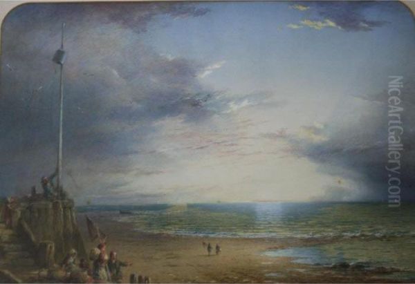Fisherfolk On The Shore At Twilight; A Vessel In Rough Seas Off A Jetty - view 1