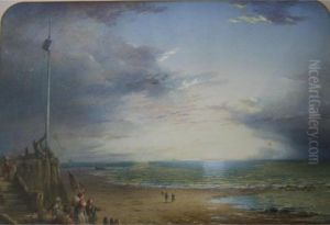 Fisherfolk On The Shore At Twilight; A Vessel In Rough Seas Off A Jetty