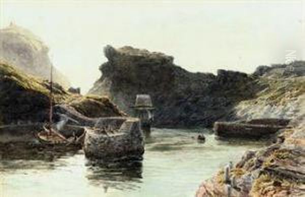 Fishing Boat Being Rowed Into Harbour In A Rocky Coastalinlet - view 1