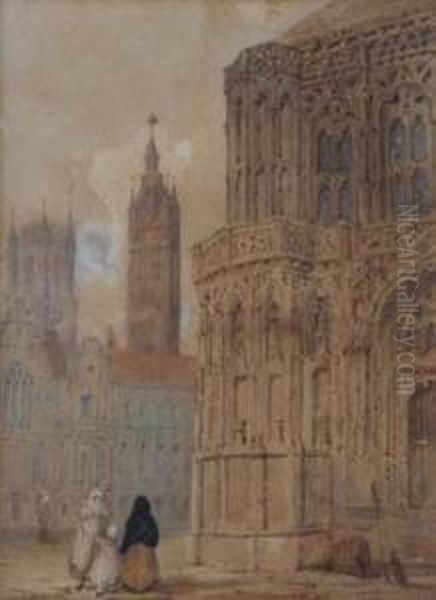 Figures Outside An Abbey - view 1