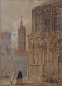 Figures Outside An Abbey by John Mogford