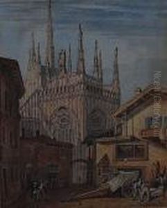 A Continental Town Scene With Cathedral