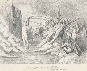 They grappled him with more than hundred hooks. (Canto XXI., line 51) by Gustave Dore