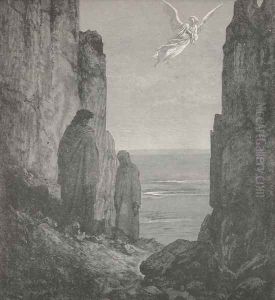 while th' angelic shape A little over us his station took. (Canto XIX., lines 56-57) by Gustave Dore