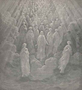so drew Full more than thousand splendours towards us, (Canto V., line 106-107) by Gustave Dore