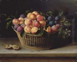 Peaches And Plums In A Basket With A Halved Plum On A Woodenledge by Louise Moillon