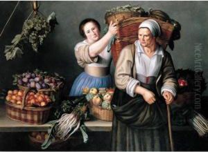 A Market Stall With A Young Woman Giving A Basket Of Grapes To An Older Woman by Louise Moillon