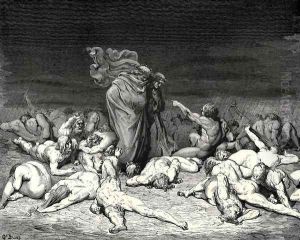 The Inferno, Canto 6, lines 49-52: 'Thy city heap'd with envy to the brim, Ay that the measure overflows its bounds, Held me in brighter days. Ye citizens Were wont to name me Ciacco.' by Gustave Dore