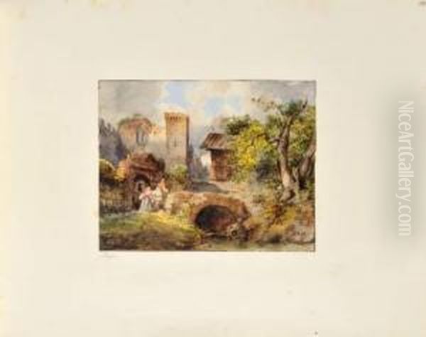 Paysans Traversant Le Pont D'un Village - view 1