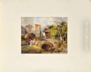 Paysans Traversant Le Pont D'un Village by Frederico Moja