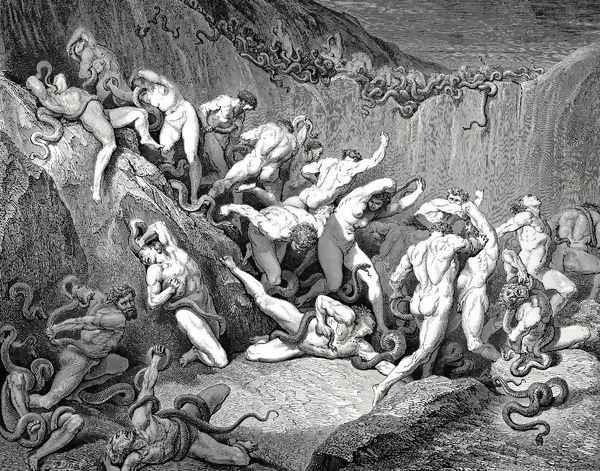 The Inferno, Canto 24, lines 89-92: Amid this dread exuberance of woe Ran naked spirits wing'd with horrid fear, Nor hope had they of crevice where to hide, Or heliotrope to charm them out of view. - view 1