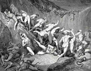 The Inferno, Canto 24, lines 89-92: Amid this dread exuberance of woe Ran naked spirits wing'd with horrid fear, Nor hope had they of crevice where to hide, Or heliotrope to charm them out of view. by Gustave Dore