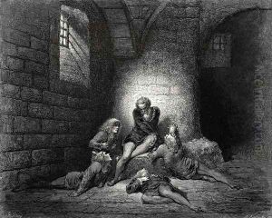 The Inferno, Canto 33, lines 62-63: Then, not to make them sadder, I kept down My spirit in stillness. by Gustave Dore