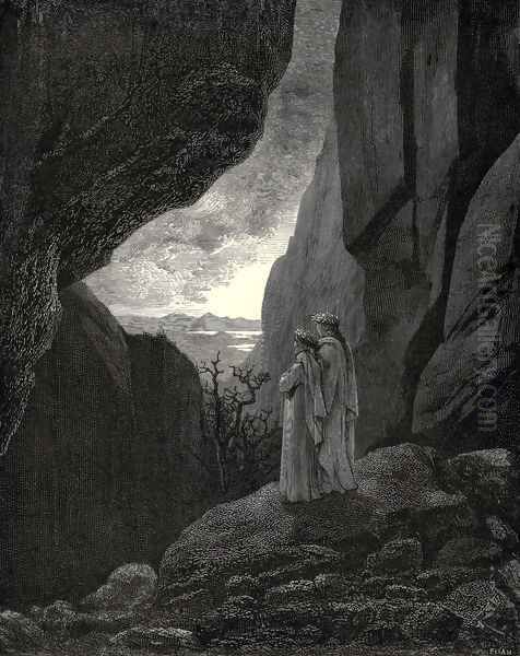 The Inferno, Canto 34, lines 127-129: By that hidden way My guide and I did enter, to return To the fair world - view 1