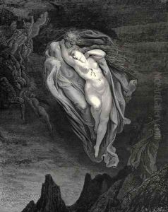 The Inferno, Canto 5, lines 72-74: 'Bard! willingly I would address those two together coming, Which seem so light before the wind.' by Gustave Dore