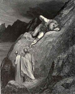 The Inferno, Canto 12, lines 11-14: and there At point of the disparted ridge lay stretch'd The infamy of Crete, detested brood Of the feign'd heifer by Gustave Dore