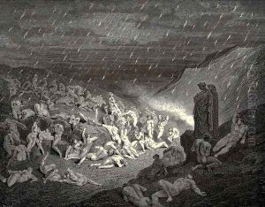 The Inferno, Canto 14, line 37-39: Unceasing was the play of wretched hands, Now this, now that way glancing, to shake off The heat, still falling fresh. by Gustave Dore