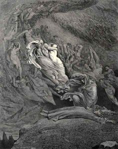 The Inferno, Canto 5, lines 137-138: I through compassion fainting, seem'd not far From death, and like a corpse fell to the ground. by Gustave Dore
