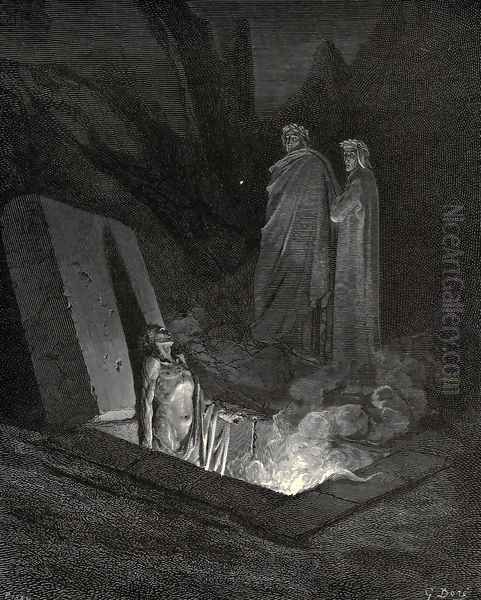 The Inferno, Canto 10, lines 40-42: He, soon as there I stood at the tomb's foot, Ey'd me a space, then in disdainful mood Address'd me: "Say, what ancestors were thine?" - view 1