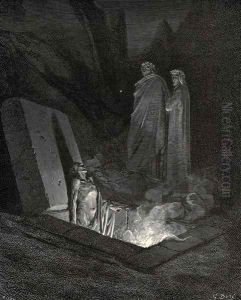 The Inferno, Canto 10, lines 40-42: He, soon as there I stood at the tomb's foot, Ey'd me a space, then in disdainful mood Address'd me: "Say, what ancestors were thine?" by Gustave Dore