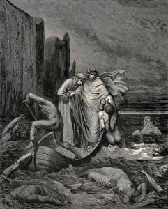 The Inferno, Canto 8, lines 39-41: My teacher sage Aware, thrusting him back: "Away! down there To the' other dogs!"