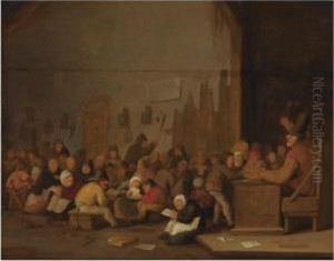 A School Room Interior With
Children Reading And Playing, A Teacherseated Behind A Desk On The Right by Bartholomeus Molenaer