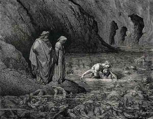 The Inferno, Canto 32, lines 127-129: Not more furiously On Menalippus' temples Tydeus gnaw'd, Than on that skull and on its garbage he. by Gustave Dore