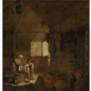 A Barn Interior With Peasant Woman Cleaning Pots by Bartholomeus Molenaer