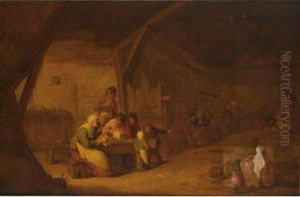 An Interior Of An Inn With 
Peasants Singing At A Table, A Still Life Of Earthenware Jugs, Baskets, A
 Bucket And A Broom To The Right Foreground