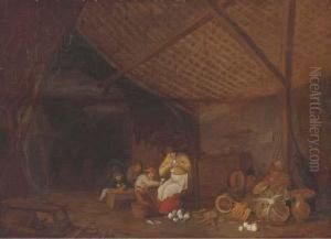 A Barn Interior With A Woman And
Children Peeling Onions,earthenware Pots, Carrots, Onions And A Cabbage
Nearby by Bartholomeus Molenaer