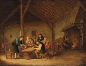 An Interior Of An Inn With 
Peasants Sitting Around A Table Drinking And Playing Dice, And Figures 
Near A Fireplace In The Background
