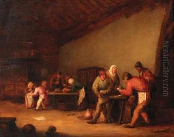 Boors Playing At Cards In A Barn, Children Beyond - view 1