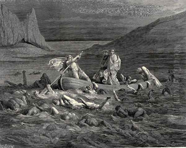 The Inferno, Canto 8, lines 27-29: Soon as both embark'd, Cutting the waves, goes on the ancient prow, More deeply than with others it is wont. - view 1