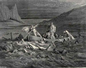 The Inferno, Canto 8, lines 27-29: Soon as both embark'd, Cutting the waves, goes on the ancient prow, More deeply than with others it is wont.