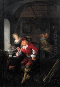 An Officer Smoking A Pipe Seated By A Table In A Brothel