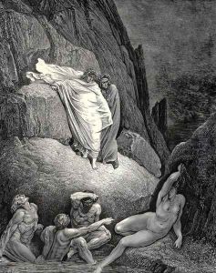 The Inferno, Canto 18, lines 130-132: Thais is this, the harlot, whose false lip Answer'd her doting paramour that ask'd, "Thankest me much!" by Gustave Dore