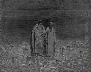 The Inferno, Canto 32, lines 20-22: "Look how thou walkest. Take Good heed, thy soles do tread not on the heads Of thy poor brethren." by Gustave Dore