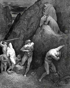 The Inferno, Canto 28, lines 30,31: Now mark how I do rip me: lo! How is Mahomet mangled. by Gustave Dore